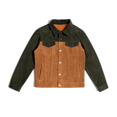 Chaqueta en combinacion pieles colores cafe y verde olivo | SC016