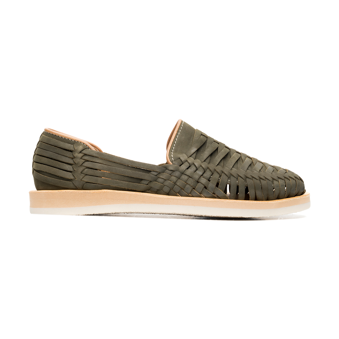 Huarache tejido Pancho Villa hecho en piel nobuck verde olivo | PV005
