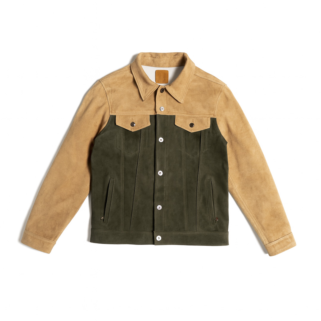Chaqueta en combinacion pieles colores arena y verde olivo | SC018